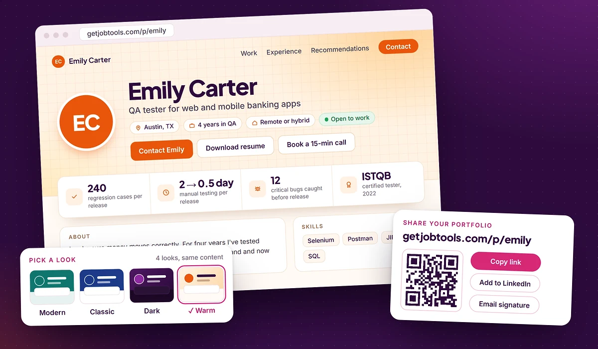 A portfolio page made with the Portfolio Builder: name, headline, four result figures, skills and selected work
