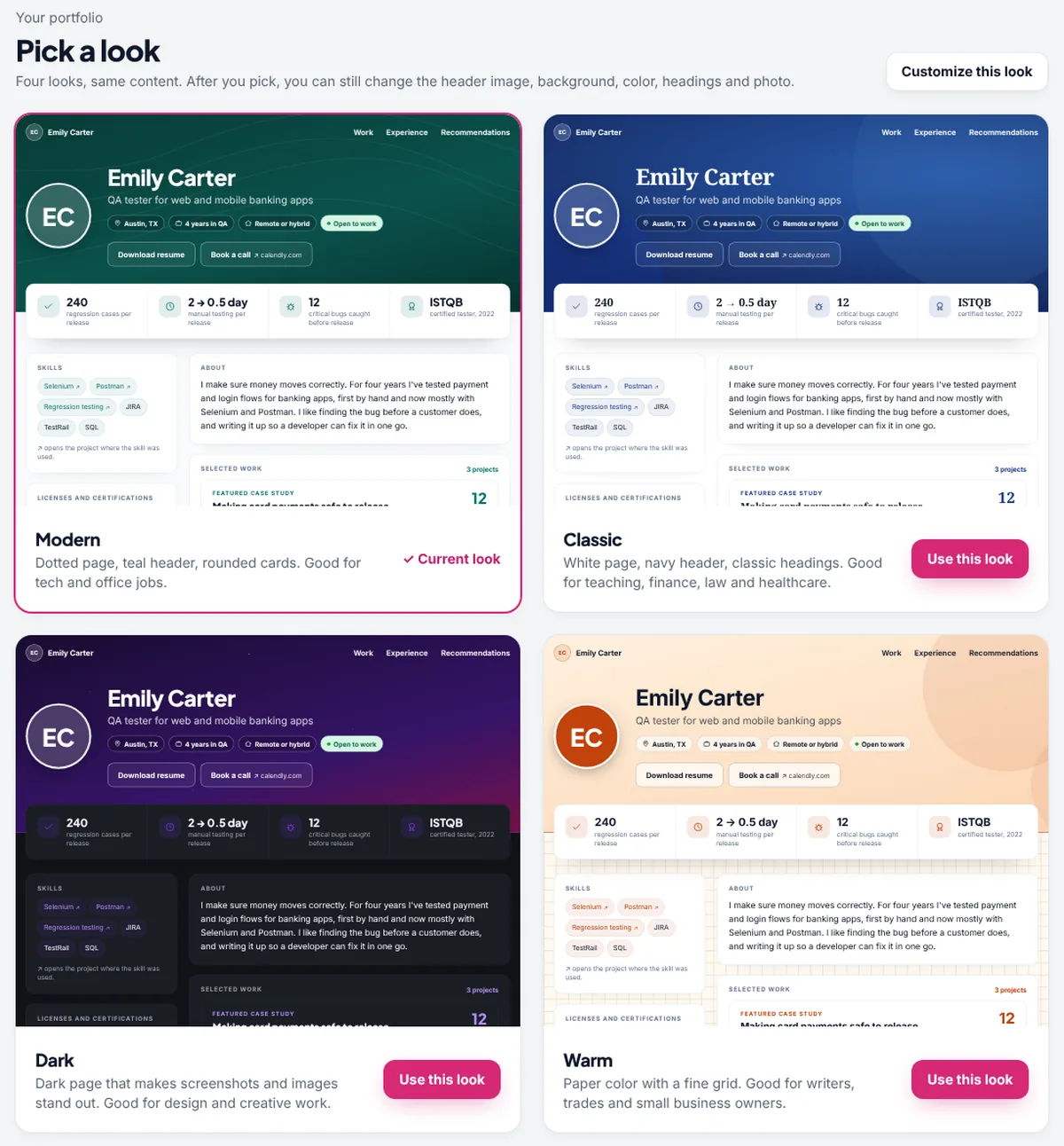 Pick a look: the same portfolio page in the Modern, Classic, Dark and Warm looks