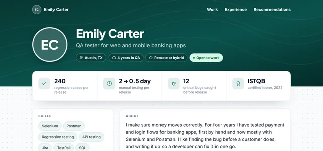 The qa tester sample page in the Modern look