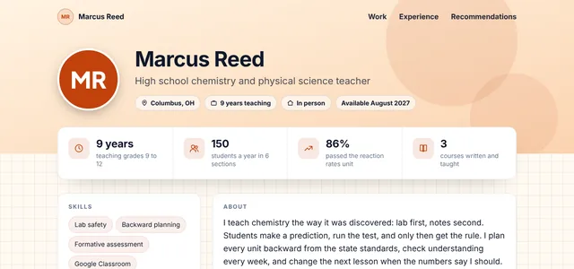 The teacher sample page in the Warm look